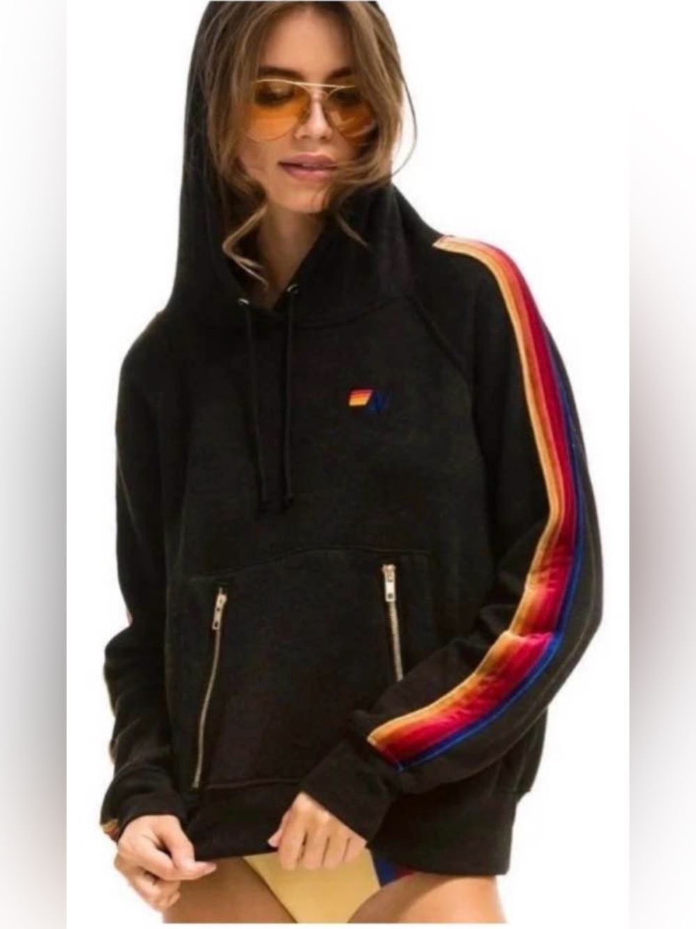 Aviator Nation Black Hoodie Velvet Stripe Sleeve Gold Zip Pocket Pullover Small